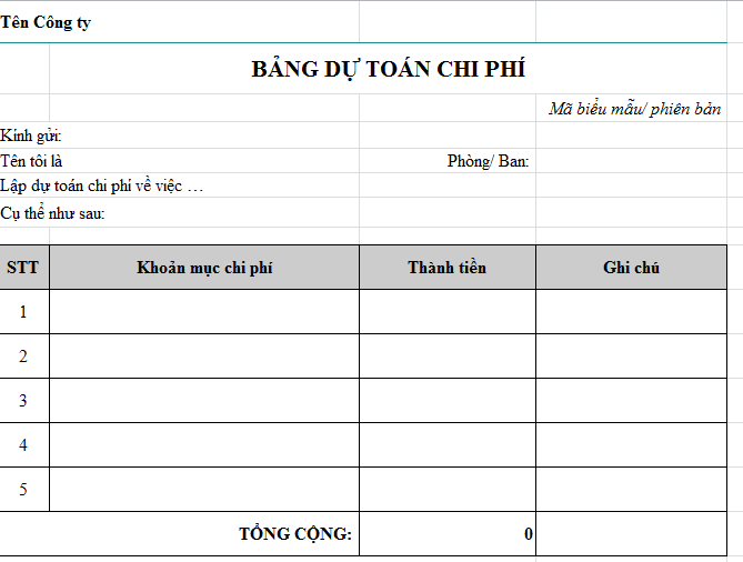 Mẫu dự toán chi phí